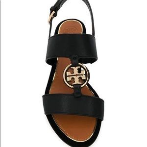 NWOT Tory Burch Womens Metal Miller Two Band Sandal -Black Leather Gold Hardware